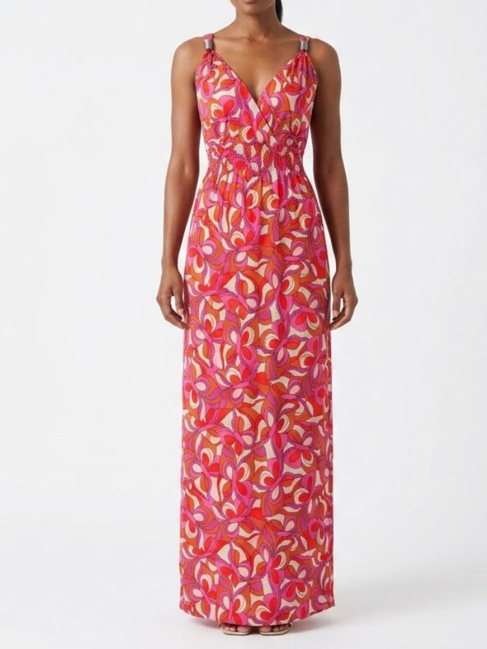 LASCANA for Venus 70s Psychedelic Swirl Maxi Dress L Metal Ring Straps Mod Pink